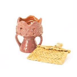 Handmade Glazed Clay Incense Burner Cup with Decorative Crown, Traditional Copalera with Woven Fan (Violet)