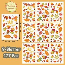 Pack of 177 Autumn Window Pictures, 9 Sheets Thanksgiving Window Stickers, Thanksgiving Window Stickers, Window Stickers for Children, Autumn, Window Stickers Autumn, Reusable