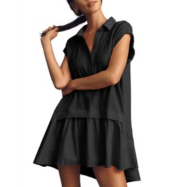 Fisoew Womens Summer Sweatshirt Dresses Short Sleeve V Neck Casual Oversized Patchwork Mini Dress Black