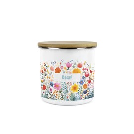 Purely Home Floral Meadow Decaf Storage Canister - Bright Floral White Metal Enamel Medium Sized Kitchen Food Storage Container