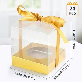 Aramanara 24 Pack Individual Cupcake Boxes, Clear Cupcakes Containers with Ribbon, Single Cupcake Display Boxes for Weddings Birthday Party(Gold)