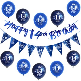 Blue Garland Happy 14th Birthday Banner + 14th Birthday Triangle Flags + 14 Pieces 14th Birthday Balloons 14th Birthday Decoration for Boys, Decoration 14th Birthday Boys Birthday Decoration 14 Years