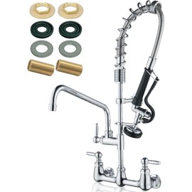 Commercial Sink Faucet Wall Mount with Sprayer 26" Height, 12" Swing Spout 8" Adjustable Center Wall Mount Faucet with Pull Down Pre-Rinse Sprayer Brass Constructed for 1/2 Compartment Sink