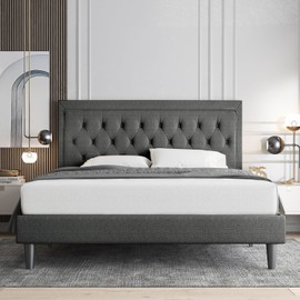 Allewie Queen Size Button Tufted/Fabric Upholstered Bed Frame with Adjustable Headboard/Wood Slat Support/Mattress Foundation/Dark Grey