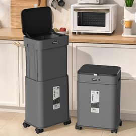 Kitchen Trash Can with Lid, Adjustable Height 20L/5.3Gal Rolling Garbage Can on Wheels, Slim Trash Bin Indoor for Bathroom, Bedroom, Living Room & Office - Black