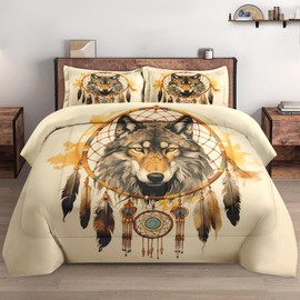 WeCozy Queen Size Comforter Set with 2 Pillowcases, Colorful Tribal Wolf 3 Pcs Bedding for Kids and Adults, American Boho Feather Dog Soft Comforter Set for Bedroom Bed Decor