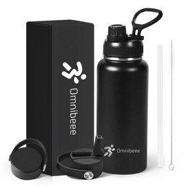 OMNIBEEE Insulated Water Bottle, 1L Stainless Steel, Handle, 3 Lids, Hot 24H/Cold 48H. Leak Proof, Good for Bike, Camping, Sports and Gym. (Black, 32 oz) (Black, 1 Litre)