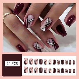 Line Press on Nails Medium Coffin Fake Nails with Glue Red False Nails Stick on Nails Reusable Acrylic Nails Decorate for Women and Girls 24 Pcs