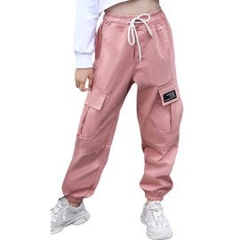 SANGTREE Girls Cargo Pants, Elastic Waist Drawstring Loose Tapered Multi Pockets Cargo Jogger Pants for Girl, Pink,7-8 Years Big Kid = Tag 140