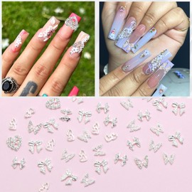 RODAKY 44PCS Bow Nail Charms Silver 3D Butterfly Nail Gems Heart Shape Nail Jewelry Multistyle Metal Charms for Nails Y2K Style Nails Decoration Nail Supplies for Women and Girls Manicure Design
