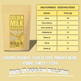 Golden Milk Leche Dorada con Cúrcuma Leche de Coco MCT Canela Cardamomo y Clavo – Energía Natural y Multiples Beneficios 20 Porciones de 10 gramos c/u. Sin Azúcar