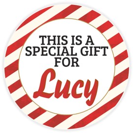 This is a Gift for Lucy - Circle Sticker Decal 3 Inch - Candy Cane Merry Christmas Gift Tag Present Tree Holiday Custom Name Santa Claus