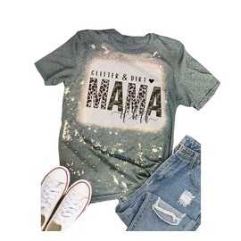 Glitter & Dirt Mama of Both T-Shirt Women Camouflage Leopard Graphic Mom Tees Vintage Bleached Letter Print Tops (As Show, L)