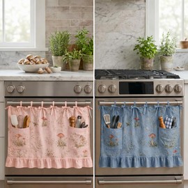 2Pack Premium Farmhouse Meadow Mushroom Oven Skirt Set, Pink & Blue Linen Oven Door Curtain with Pockets, Rustic Kitchen Oven Apron Skirt with Ruffle Trim & Tie-Top Hanging (30 * 22IN)