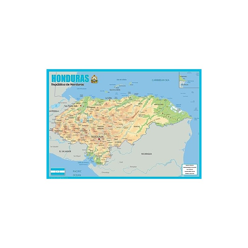 Honduras Physical Map - 23.3 x 16.5 Inches - Paper