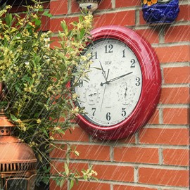 BEW Large Outdoor Clock for Patio, Waterproof Thermometer Hygrometer Combo Outdoor Clock, Silent Battery Operated Wall Clock for Pool, Balcony, Fence, Porch (18-Inch, Empire Red)