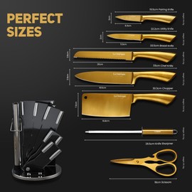Luxury Gold Knife Set With Block Rod-Sharpener | 8 Pieces Black and Gold Titanium-Coated Stainless Steel Gold Kitchen Knife Set with Block, Super Sharp Cutlery| Gold Knives Set (silver with gold)