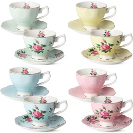 BTaT- Floral Tea Cups and Saucers Set of 8 (8 oz), Porcelain Tea Cup Sets, Assorted Colors with Gold Trim & Gift Box, Dishwasher Safe