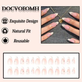 DOCVOEOMH French Tips Press on Nails Almond Shaped White Fake Nails with Rhinestones Design Medium Length Acrylic Glue on False Nail Stick on Nails for Women 24PCS