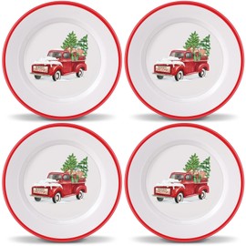 Rtteri 4 Pcs Christmas Melamine Plates 10 Inch Christmas Truck Santa Dinner Plates Festive Round Plates Christmas Dishes Dinnerware Set for Salad Pasta Dessert Xmas Holiday Party Supplies Gifts(Truck)