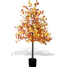 CraftyDream 1 Pcs 4ft Fall Lighted Eucalyptus Tree Artificial Autumn Ficus Fall Thanksgiving Decor Artificial Faux Plant Tree Decor for Party Porch Fireplace Front Door Outdoor Indoor Decoration