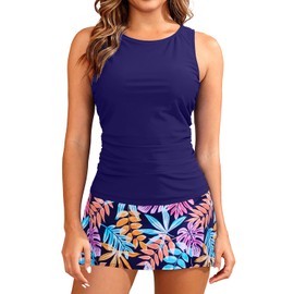 Daci - Traje de baño tankini con falda para mujer, dos piezas, control de abdomen, cuello alto, traje de baño, Azul Marino y Hojas, X-Large