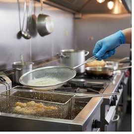 TrueCraftware- 9-1/2" x 20-1/2" Mesh Oil Skimmer Stainless Steel- Mesh Strainer Skimmer Fine Mesh Strainer Perfect for Skimming Grease Foam Sift Strain Drain Rinse Vegetables Pastas Tea