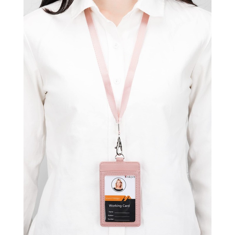 Teskyer ID Card Holder with Strap, PU Leather, Transparent Window