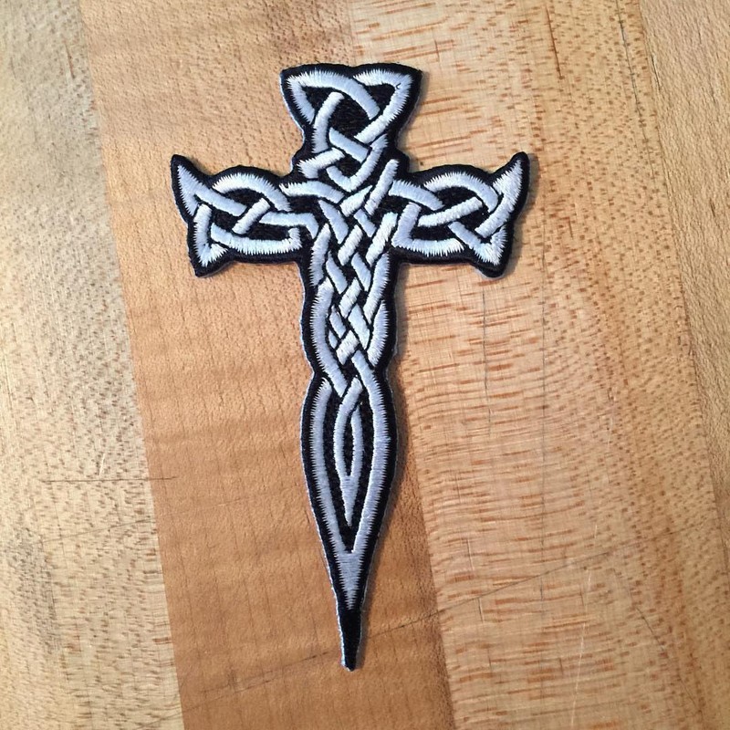 Celtic Cross Dagger White Iron-On Patch Embroidered Irish Crucifix