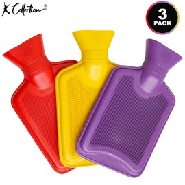 Pack of 3 Mini Hot Water Bottles - Natural Rubber 1 Litre Capacity - 3 Colours in Pack (Red, Yellow and Purple)