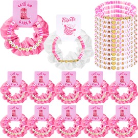CraftyDream 12 Sets Let's Go Girls Bachelorette Party Accessories -Team Bride Bracelet Scrunchies, Last Rodeo Gifts, Bridesmaid Friendship Bracelets for Engagement, Bridal Shower, Wedding Favors(Pink)