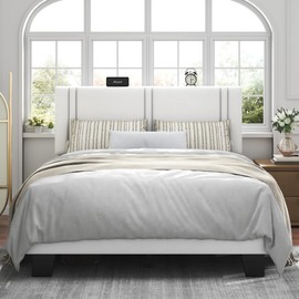 Feonase Queen Platform Bed Frame, Velvet Upholstered Wingback Bed Frame, Solid Wood Slats & Heavy Duty Feet Support, No Box Spring Needed, Noise-Free, Easy Assembly, White