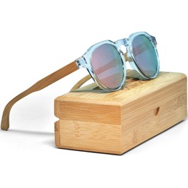 GOWOOD Panto Round Transparent Clear Women and Mens Sunglasses Polarized Mirrored Pink Lenses with Bamboo Wood Temples