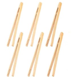 6Pcs Bamboo Toast Tongs, 7" Long Reusable Kitchen Utensil Tongs with Anti-slip Design for Toaster Fruits Salad Pasta Grilling and BBQ Cooking Utensils