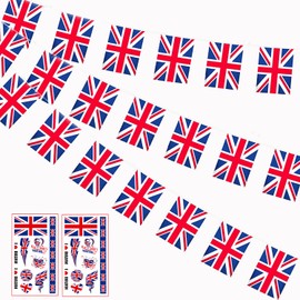 2 Pack Union Jack Bunting Flags, British England Flag String Indoor Outdoor Banner Double Sided Bunting for King's Birthday Parade Anniversary Football Party Decorations (Bonus 2pcs Tattoo Stickers)