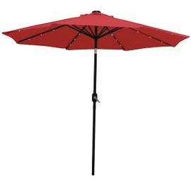 Sunnydaze 9 ft Outdoor Patio Umbrella with Solar Lights - Polyester LED Table Market Umbrella with Push-Button Tilt and Crank - Red