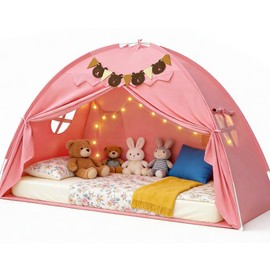 Twin Bed Tent for Kids, Girls Bed Tent Canopy Sleeping Tent Breathable Privacy Space Dream Playhouse with Stars Light & Flags, Toddler Indoor Floor Play Tent for Girls, Birthday Children‘s Gift, Pink