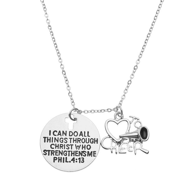Cheer Christian Necklace, Faith I Can Do All Things Through Christ Who Strengthens Me Phil. 4:13 Pendent, Scripture Jewelry Christian Gifts Verse Bible Gift for Cheerleaders