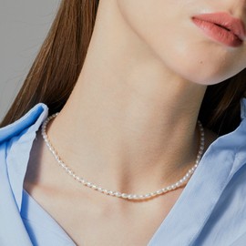 Gold & Deer Rice Grain Freshwater Pearl Necklace / 골드앤디어 쌀알 담수진주 목걸이