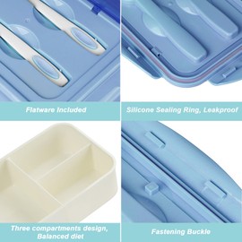 BIBURY Lunch Box, Bento Box, Brotdose mit 3 Fächern und Besteck, Auslaufsicher Brotzeitbox Kühlschrank Spülmaschinenfest Mikrowellengeeignet, Brotdosen für Schule Arbeit Picknick Reisen(Blau)