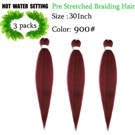 Pre Streched Braiding Hair Extensions 30 Inch 3 Packs Burgundy Synthetic Colored Braiding Hair Crochet Braids Hair Hot Water Setting Soft Yaki Texture (30",900#)
