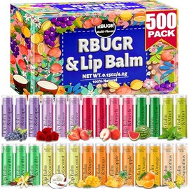 RBUGR 500 Pcs Lip Balm Bulk - Moisturizing with Vitamin E & Coconut Oil for Dry Cracked Lips, 12-Flavored Organic Natural Gifts Corporate Party Favors (4.2g/0.15oz)