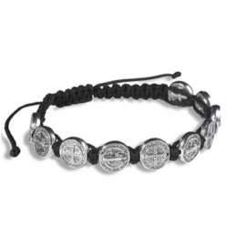 Black Saint Benedict Medal Adjustable Cord Rosary Bracelet Silver Tone 8"