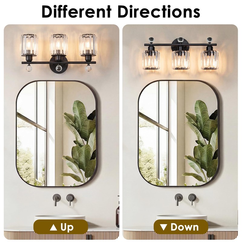 Modern 3 Light Crystal Vanity Light,Black Vertical Bathroom Light Fixture