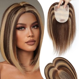 JGS1996 Hair Toppers for Women Real Human Hair Extensions with Thinning Hair No Bangs Clip in Wig Topper Upgrade 3.9x4.7Inch Silk Base Human Hair Crown Toppers Hair Pieces Medium Brown Dark Blonde