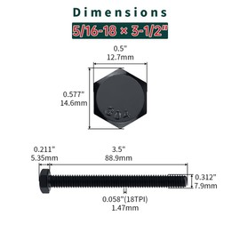 5/16-18 x 3-1/2" Hex Bolts with Nuts and Washers (8 Sets), 18-8 (304) Stainless Steel, External Hex Drive, Black Oxide Coated Hexagon Head Bolts Screws, Fayeploo