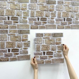 Commomy 10PCS 3D Faux Stone Wall Panel Farmhouse Fireplace Decoration Self-Adhesive Wall Tile Waterproof 11.8" x 11.8" for Kitchen Backsplash - style: 3D Ocean Mist Stone