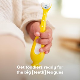 Frida Baby Training Toothbrush, Toddler Toothbrush for 18-24 Months, Easy-Grip Handle, Triple Angle Bristles, Soft Toothbrush Bristles, Stay-Put Suction Cup, Yellow