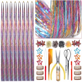 CelineBella Rainbow Hair Tinsel Kit,3-Tones Gradient Fairy Hair,Ombre Blue Gold Red Mixed,Glitter Highlights Sparkling Tinsel Hair Set for Kids Women Girls