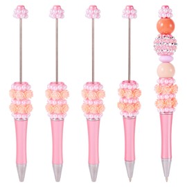Beadthoven 5pcs Pearl Flower Beadable Pens, Fancy Glittery Beaded Pens Cute Rose Diamond Bead Pen Plastic Shaft Black Ink Ballpoint Pens for Gift Making School Office Supplies Wedding Orange Pink